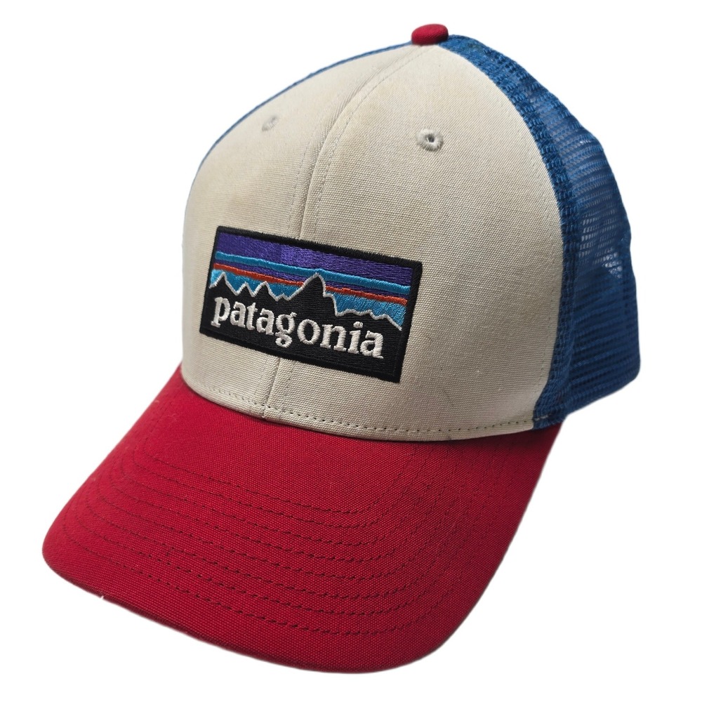 Patagonia P-6 Logo Trucker Hat Mens One Size Red Tan Blue Mesh Snapback